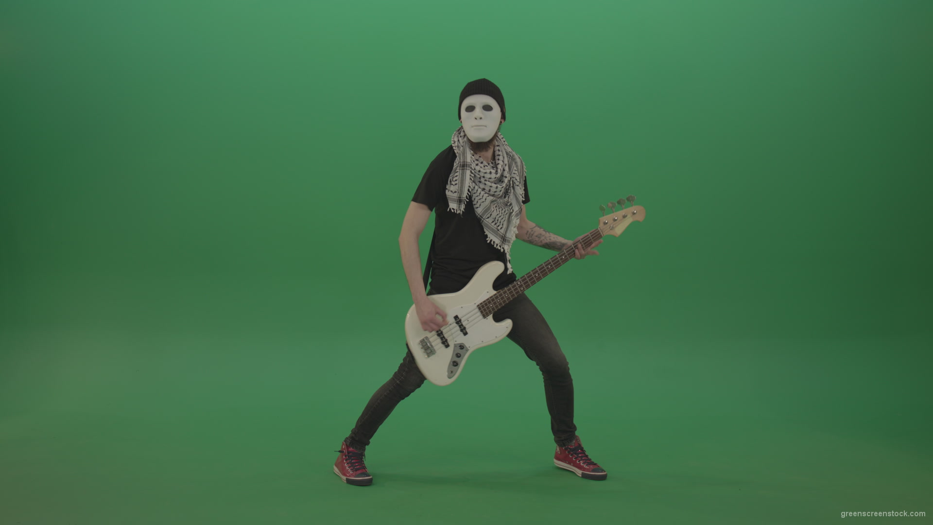 Bass-man-in-white-mask-play-guitar-on-green-screen_002 Green Screen Stock