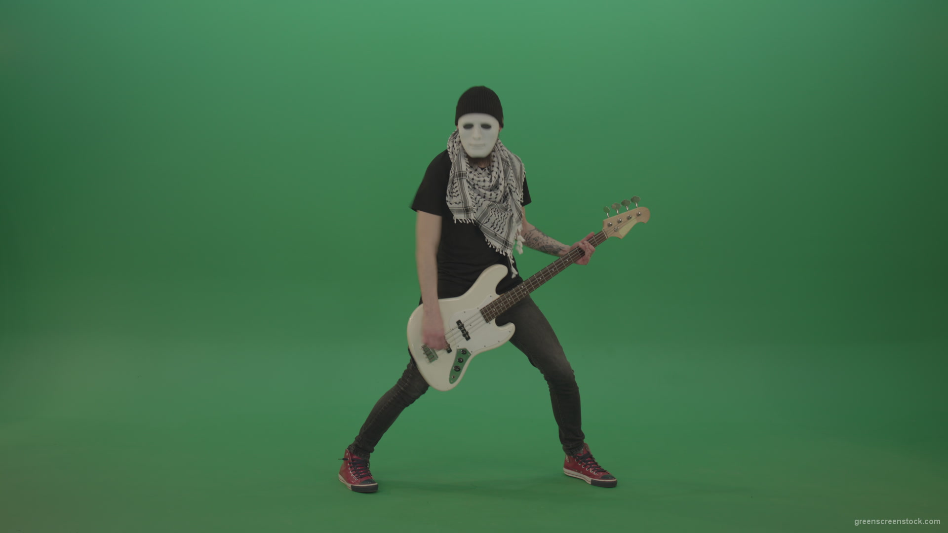Bass-man-in-white-mask-play-guitar-on-green-screen_004 Green Screen Stock