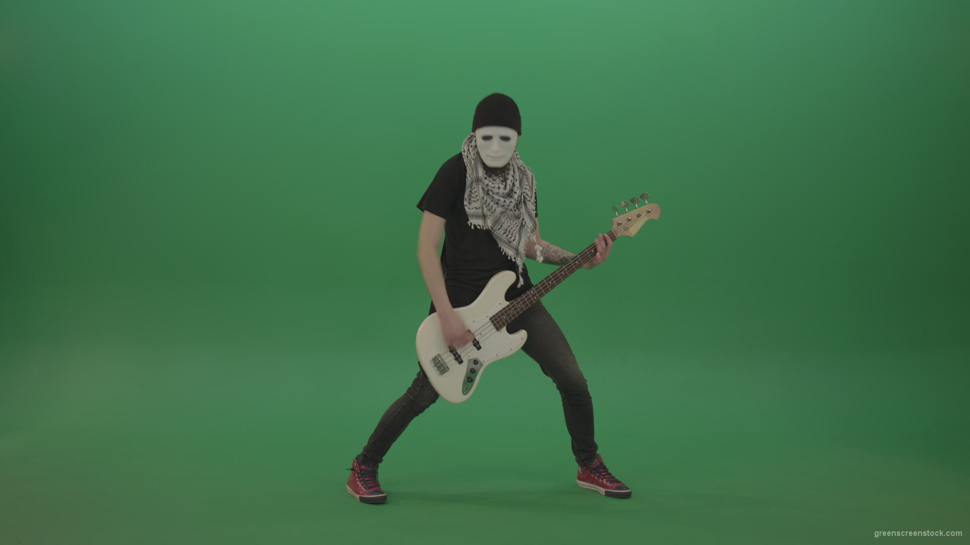 Bass-man-in-white-mask-play-guitar-on-green-screen_005 Green Screen Stock