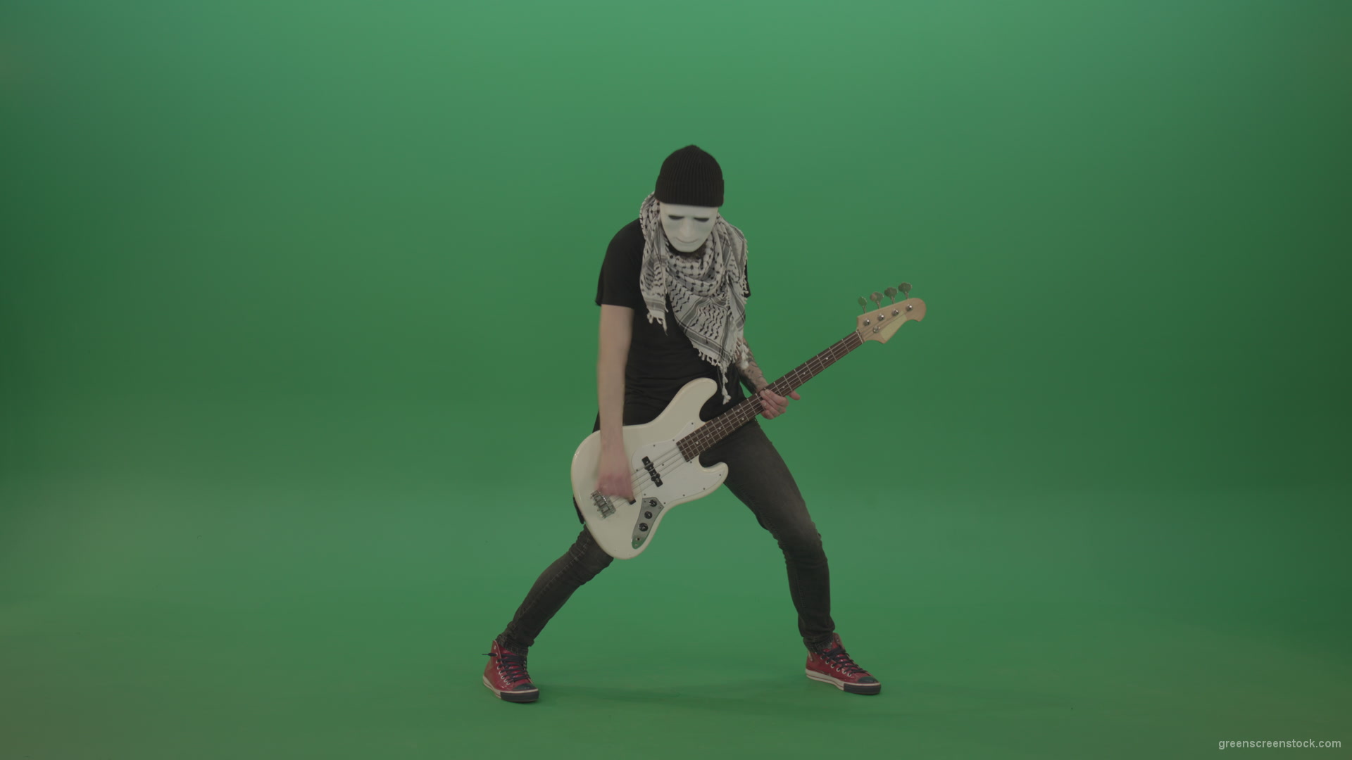 Bass-man-in-white-mask-play-guitar-on-green-screen_007 Green Screen Stock