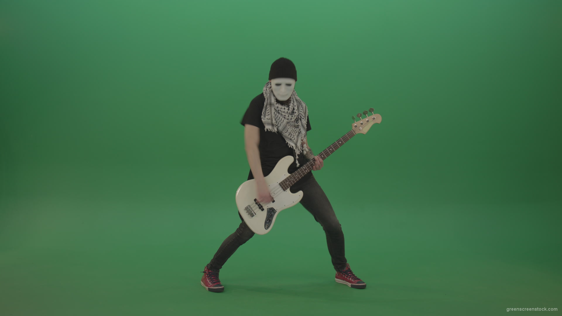 Bass-man-in-white-mask-play-guitar-on-green-screen_008 Green Screen Stock