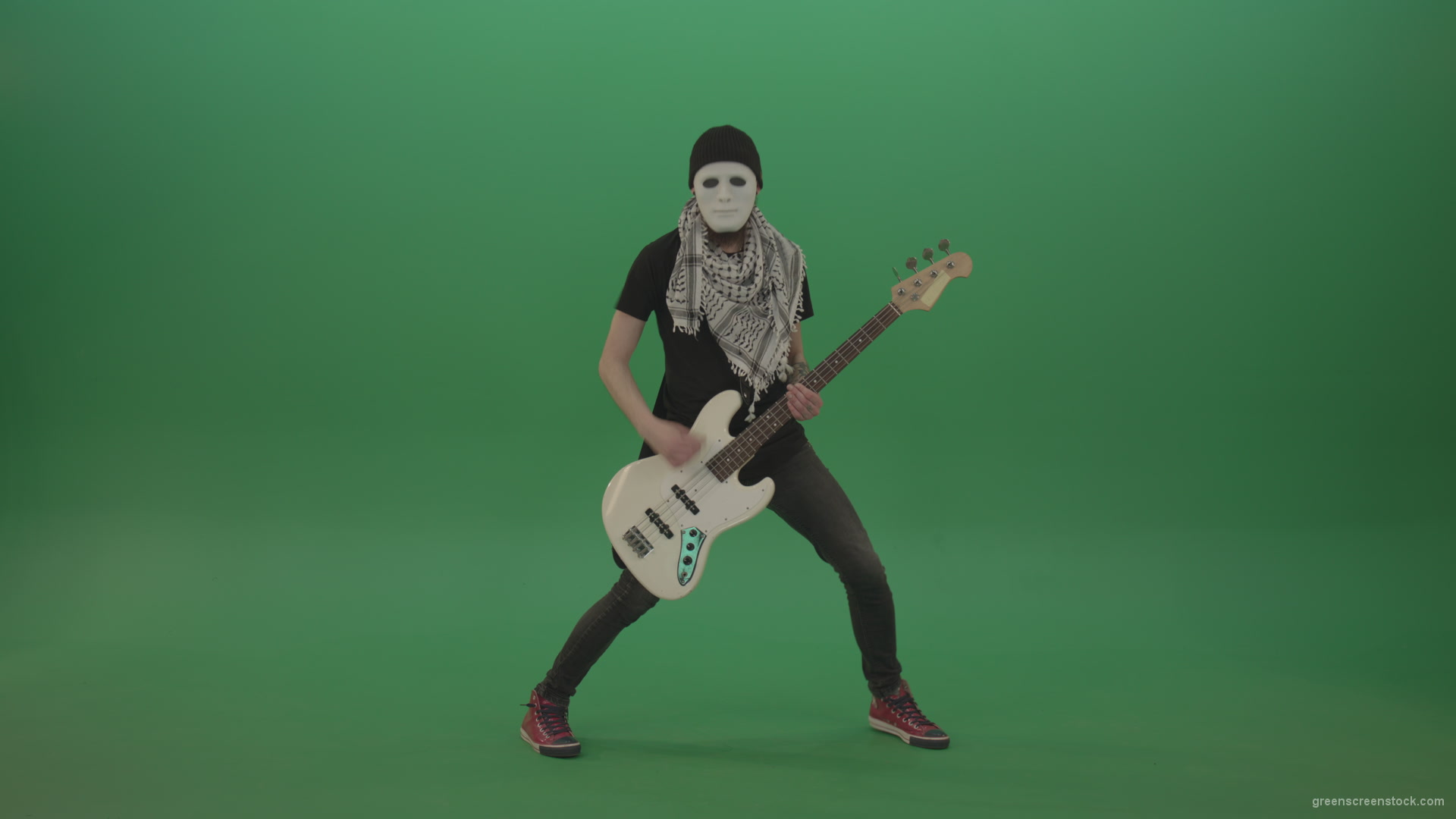 Bass-man-in-white-mask-play-guitar-on-green-screen_009 Green Screen Stock
