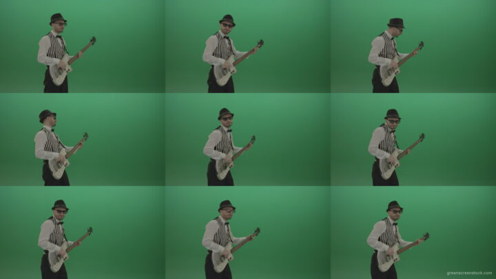 Cheerful-game-of-white-guitar-man-in-white-shirt-and-black-hat Green Screen Stock