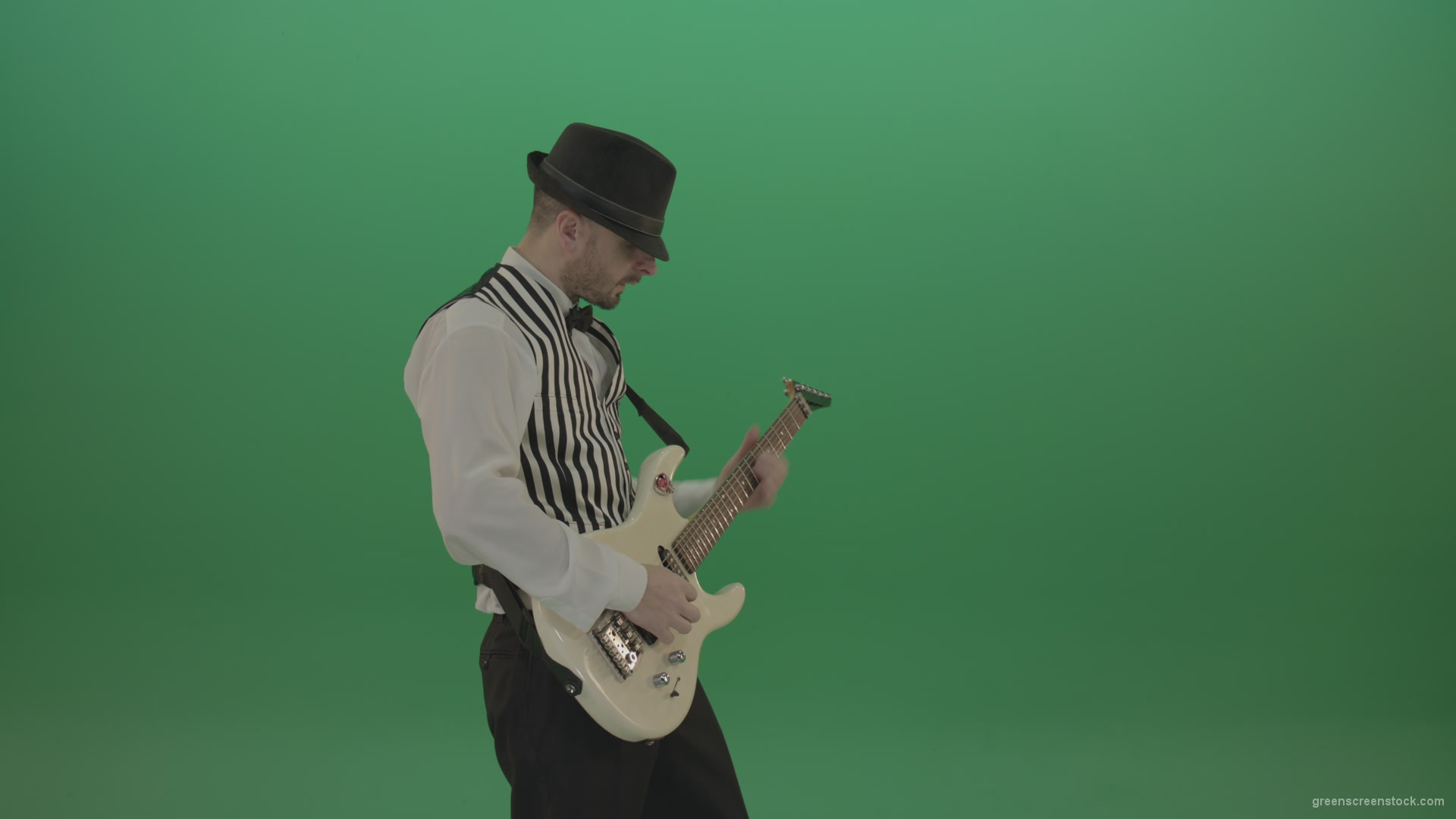 Classic-jazz-guitarist-play-white-electro-guitar-solo-music-on-green-screen_001 Green Screen Stock