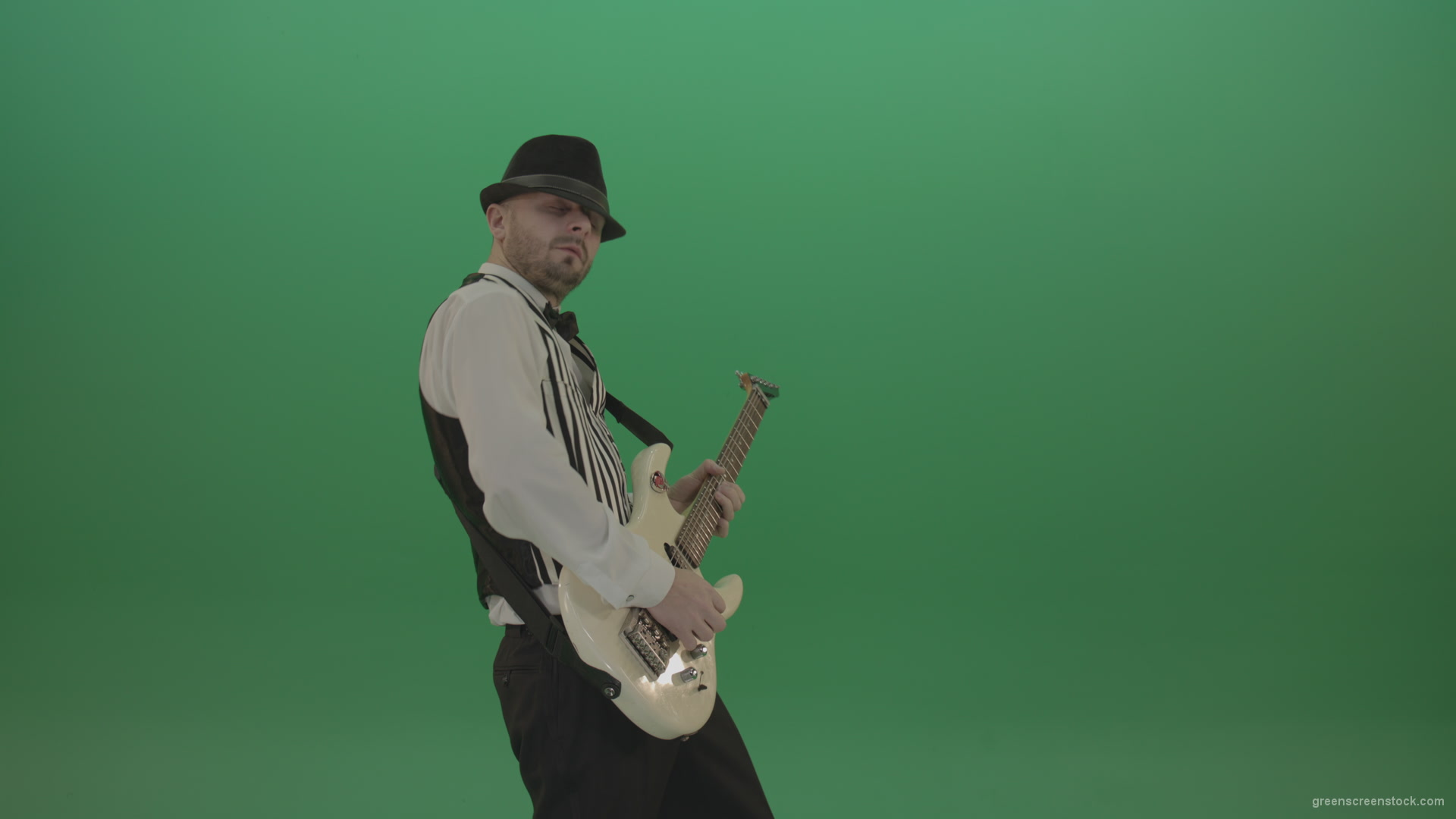 Classic-jazz-guitarist-play-white-electro-guitar-solo-music-on-green-screen_002 Green Screen Stock