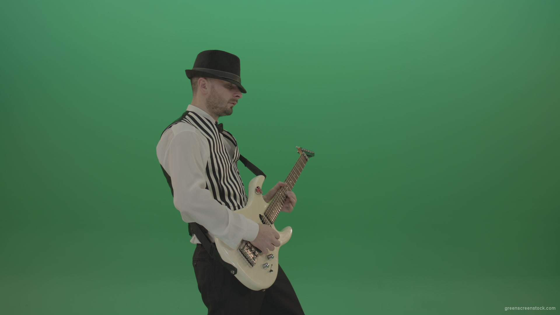 vj video background Classic-jazz-guitarist-play-white-electro-guitar-solo-music-on-green-screen_003