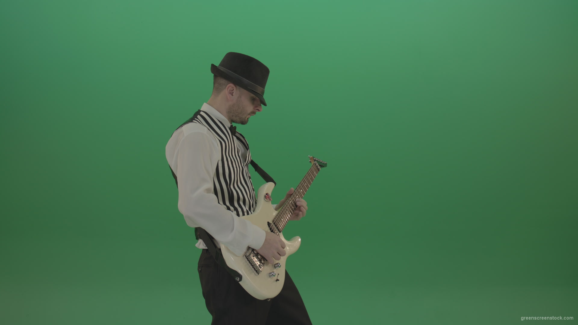 Classic-jazz-guitarist-play-white-electro-guitar-solo-music-on-green-screen_004 Green Screen Stock