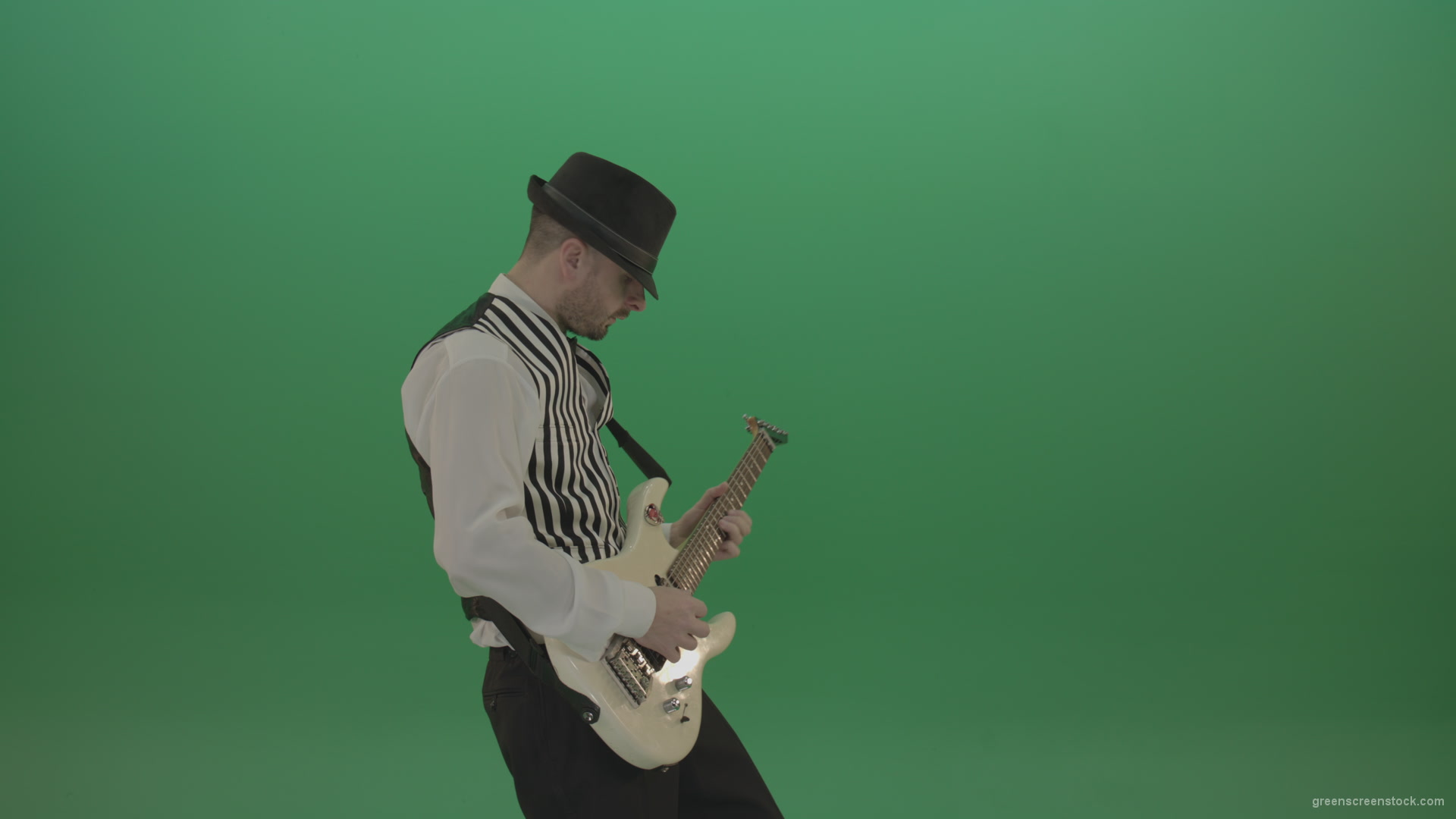 Classic-jazz-guitarist-play-white-electro-guitar-solo-music-on-green-screen_006 Green Screen Stock