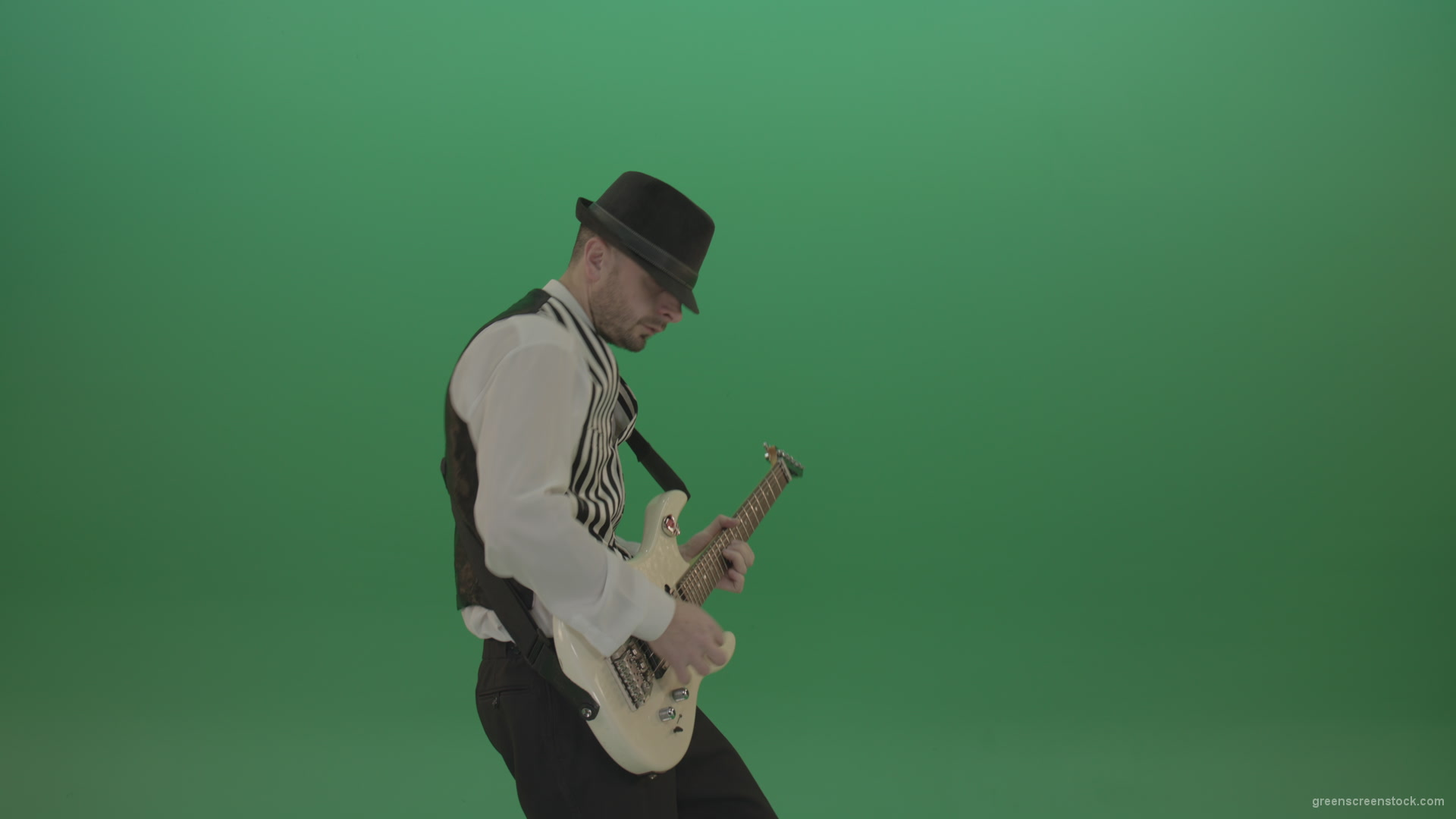 Classic-jazz-guitarist-play-white-electro-guitar-solo-music-on-green-screen_007 Green Screen Stock