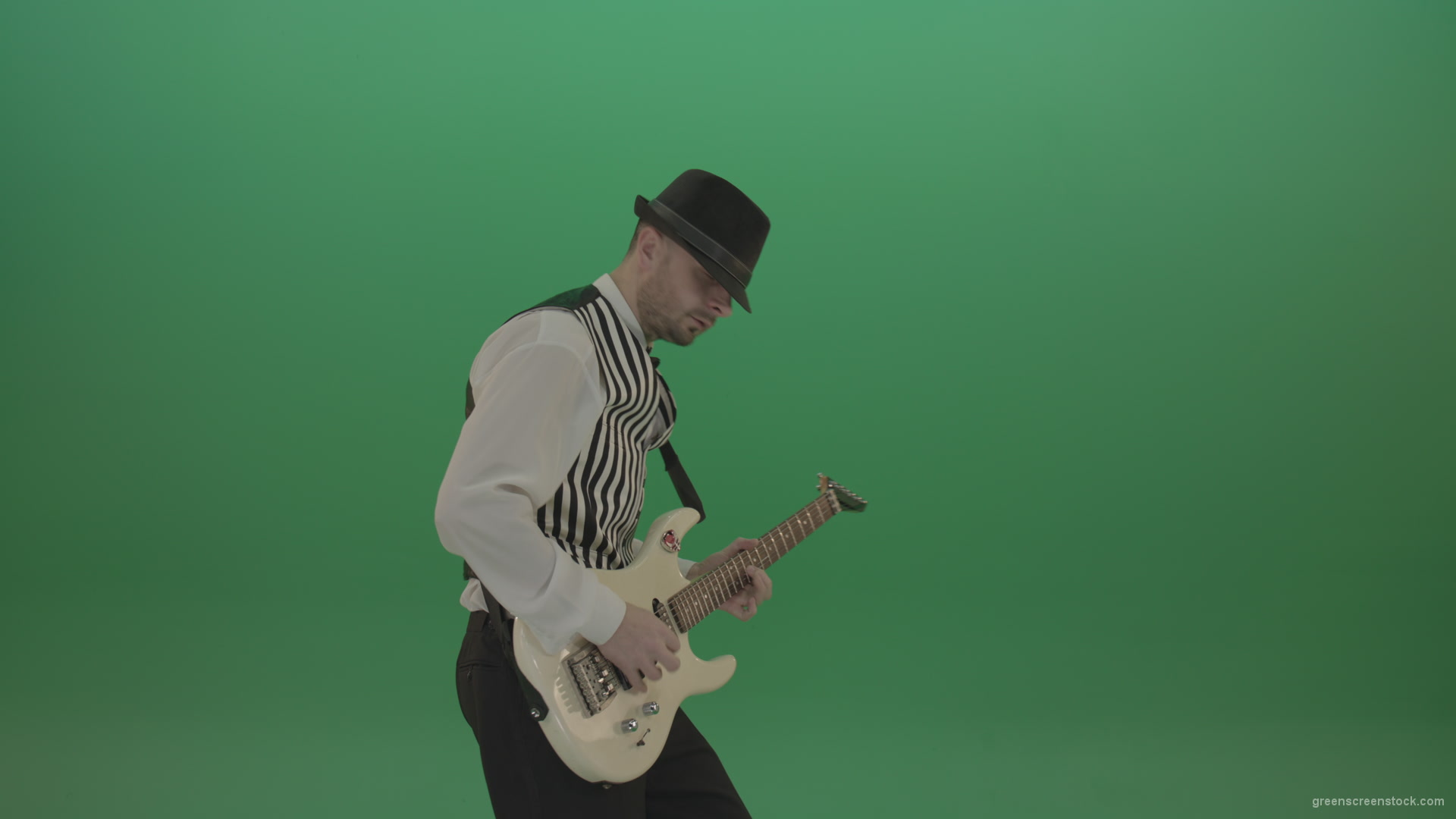 Classic-jazz-guitarist-play-white-electro-guitar-solo-music-on-green-screen_008 Green Screen Stock