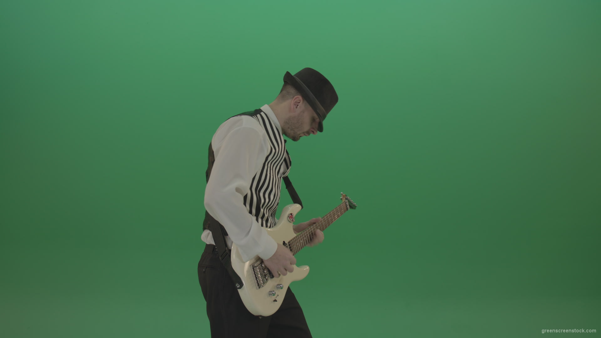 Classic-jazz-guitarist-play-white-electro-guitar-solo-music-on-green-screen_009 Green Screen Stock