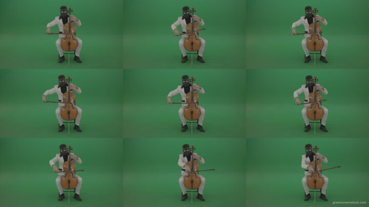 Classic-orchestra-man-in-white-wear-and-black-mask-play-violoncello-cello-strings-music-instrument-isolated-on-green-screen Green Screen Stock