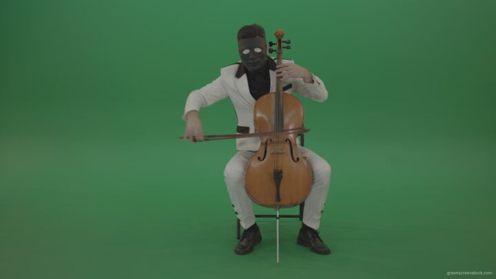 vj video background Classic-orchestra-man-in-white-wear-and-black-mask-play-violoncello-cello-strings-music-instrument-isolated-on-green-screen_003