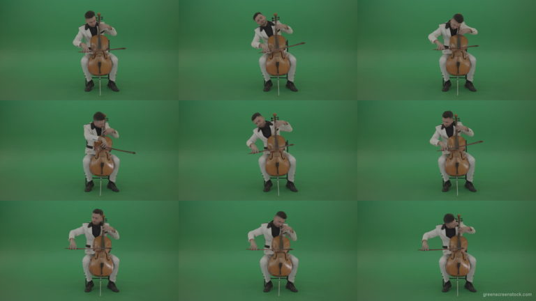 Classic-orchestra-man-in-white-wear-play-violoncello-cello-strings-music-instrument-isolated-on-green-screen Green Screen Stock