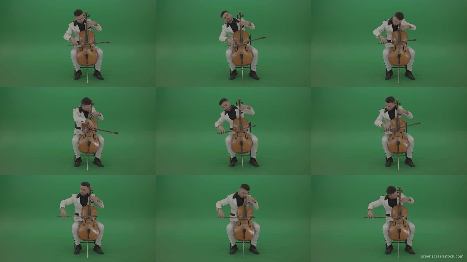 Classic-orchestra-man-in-white-wear-play-violoncello-cello-strings-music-instrument-isolated-on-green-screen Green Screen Stock