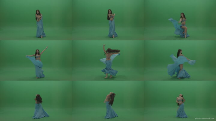 Fair-belly-dancer-in-blue-wear-display-amazing-dance-moves-over-chromakey-background Green Screen Stock