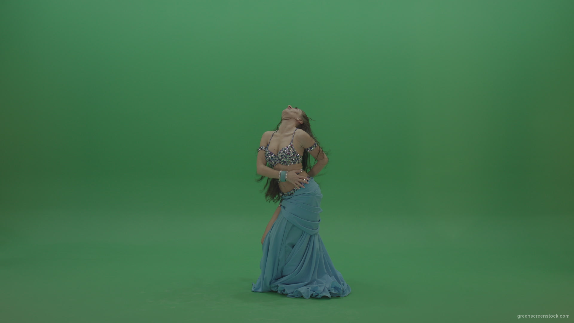 Fair-belly-dancer-in-blue-wear-display-amazing-dance-moves-over-chromakey-background_009 Green Screen Stock