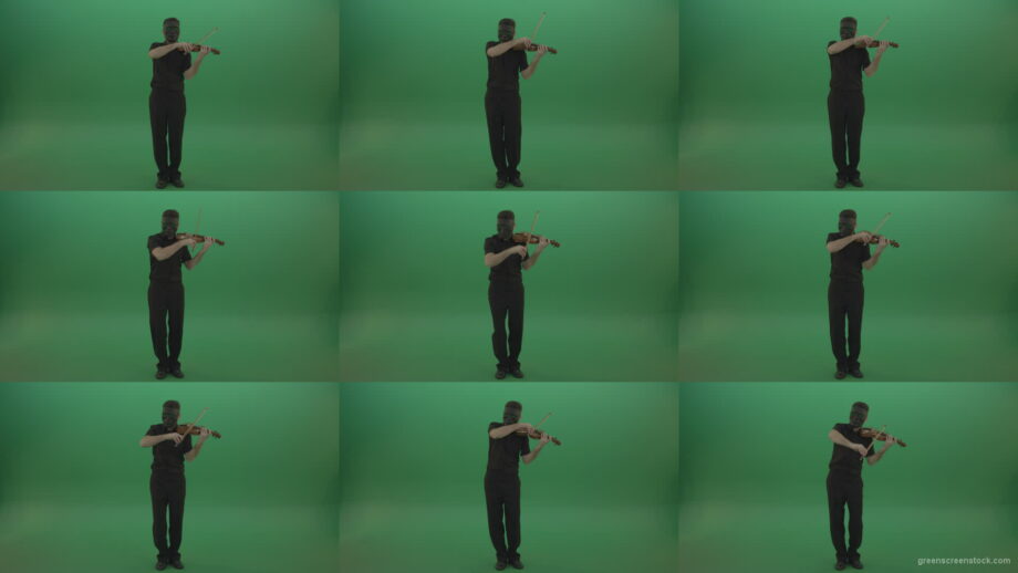 Full-height-Rock-Man-in-black-wear-and-mask-play-violin-fiddle-strings-gothic-dark-music-isolated-on-green-screen Green Screen Stock