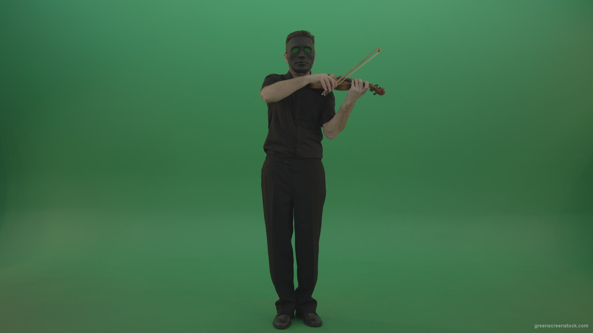 Full-height-Rock-Man-in-black-wear-and-mask-play-violin-fiddle-strings-gothic-dark-music-isolated-on-green-screen_001 Green Screen Stock