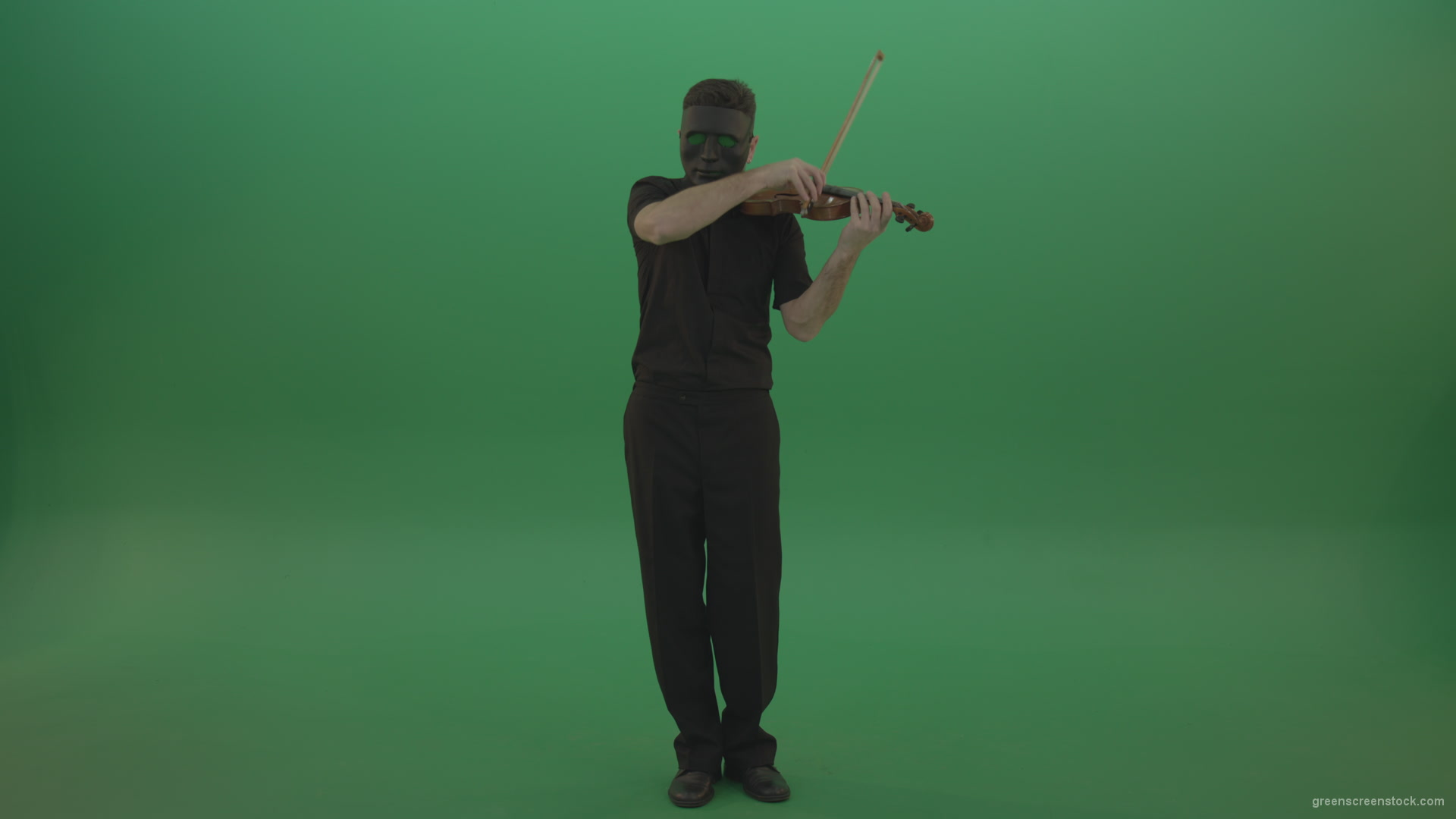 Full-height-Rock-Man-in-black-wear-and-mask-play-violin-fiddle-strings-gothic-dark-music-isolated-on-green-screen_002 Green Screen Stock