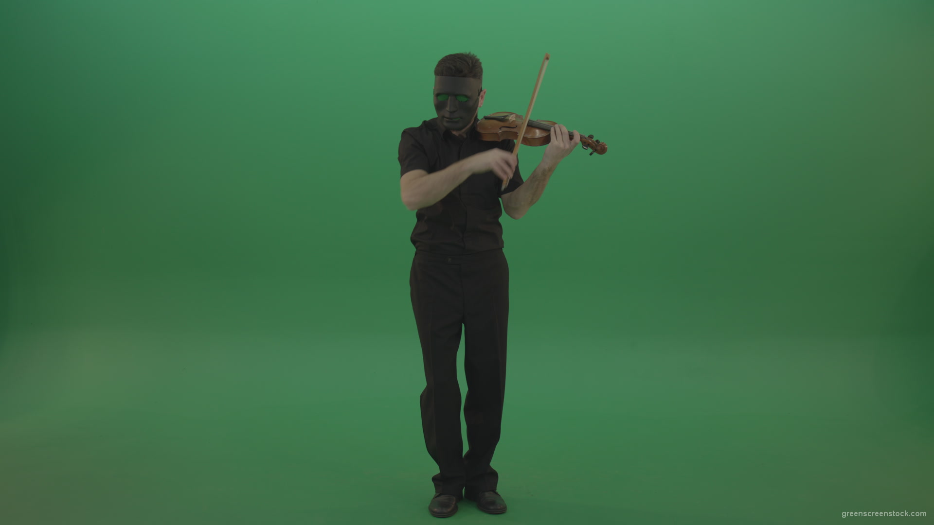 Full-height-Rock-Man-in-black-wear-and-mask-play-violin-fiddle-strings-gothic-dark-music-isolated-on-green-screen_005 Green Screen Stock