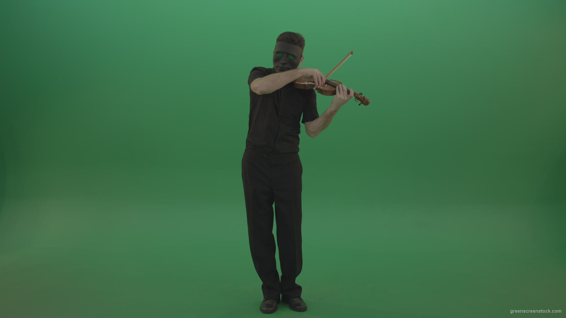 Full-height-Rock-Man-in-black-wear-and-mask-play-violin-fiddle-strings-gothic-dark-music-isolated-on-green-screen_008 Green Screen Stock
