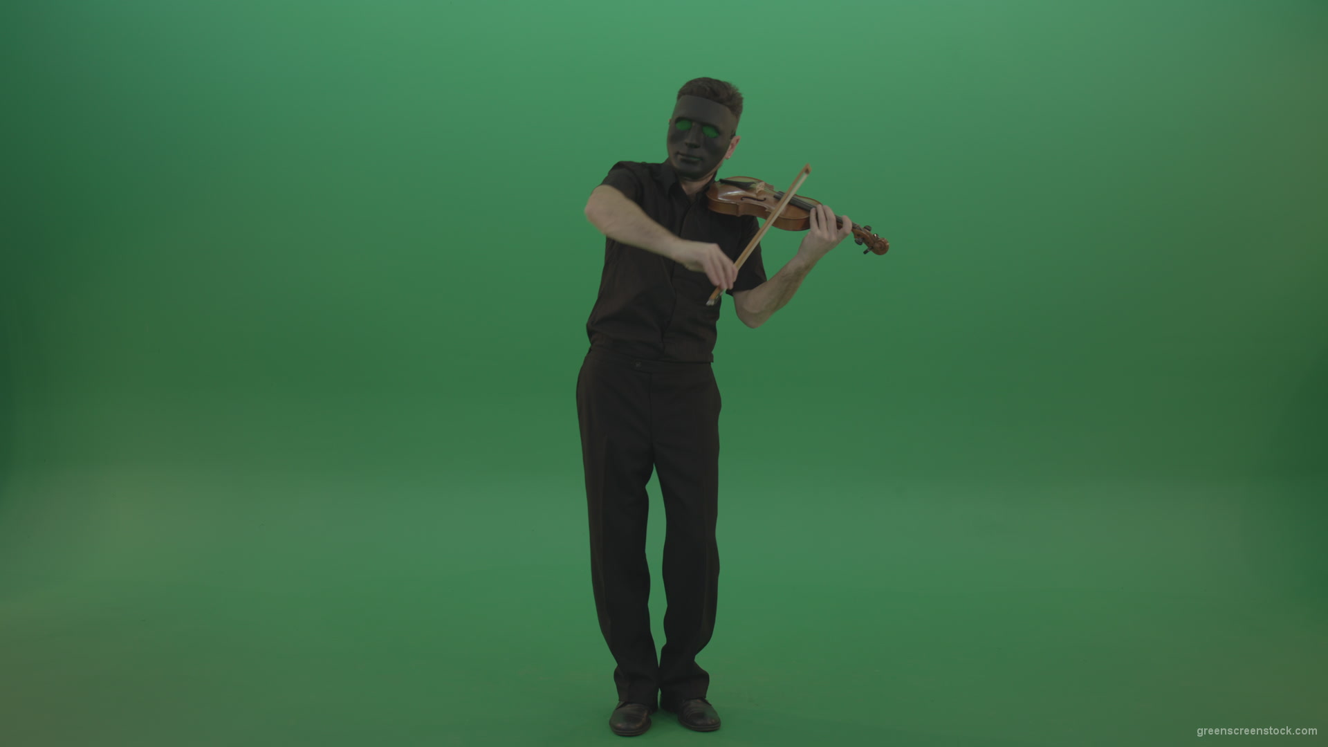 Full-height-Rock-Man-in-black-wear-and-mask-play-violin-fiddle-strings-gothic-dark-music-isolated-on-green-screen_009 Green Screen Stock