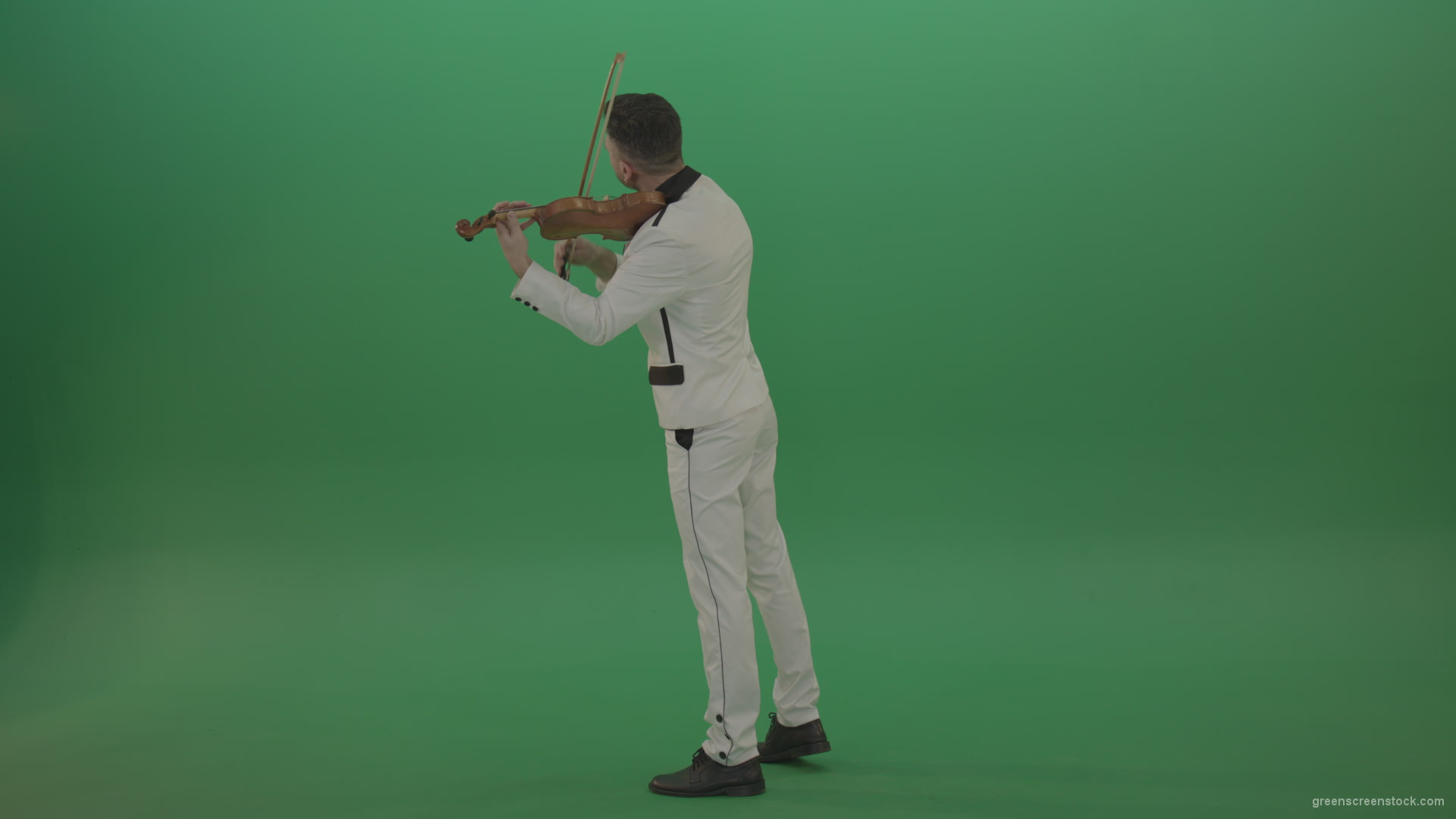 Full-size-Classic-orchestra-man-in-white-wear-play-violin-strings-music-instrument-isolated-on-green-screen-back-side-view_005 Green Screen Stock