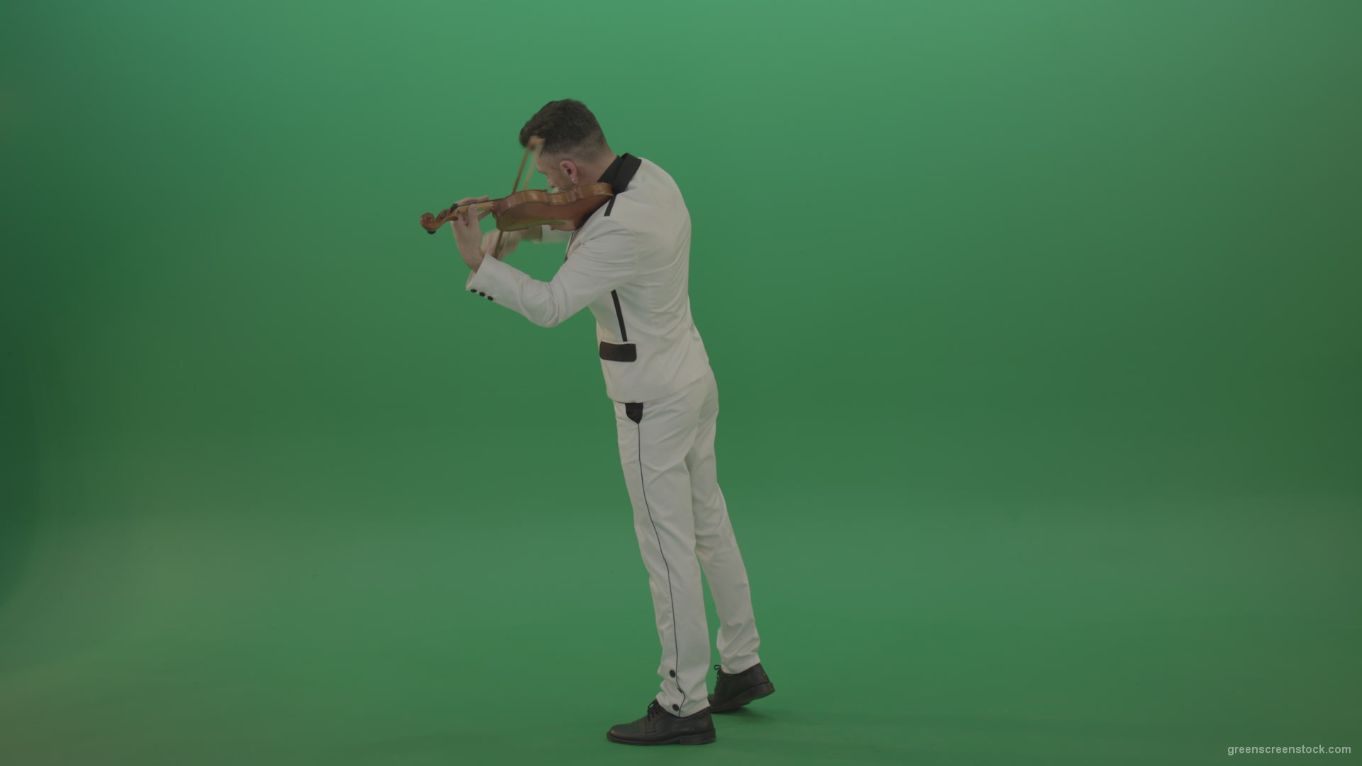 Full-size-Classic-orchestra-man-in-white-wear-play-violin-strings-music-instrument-isolated-on-green-screen-back-side-view_008 Green Screen Stock