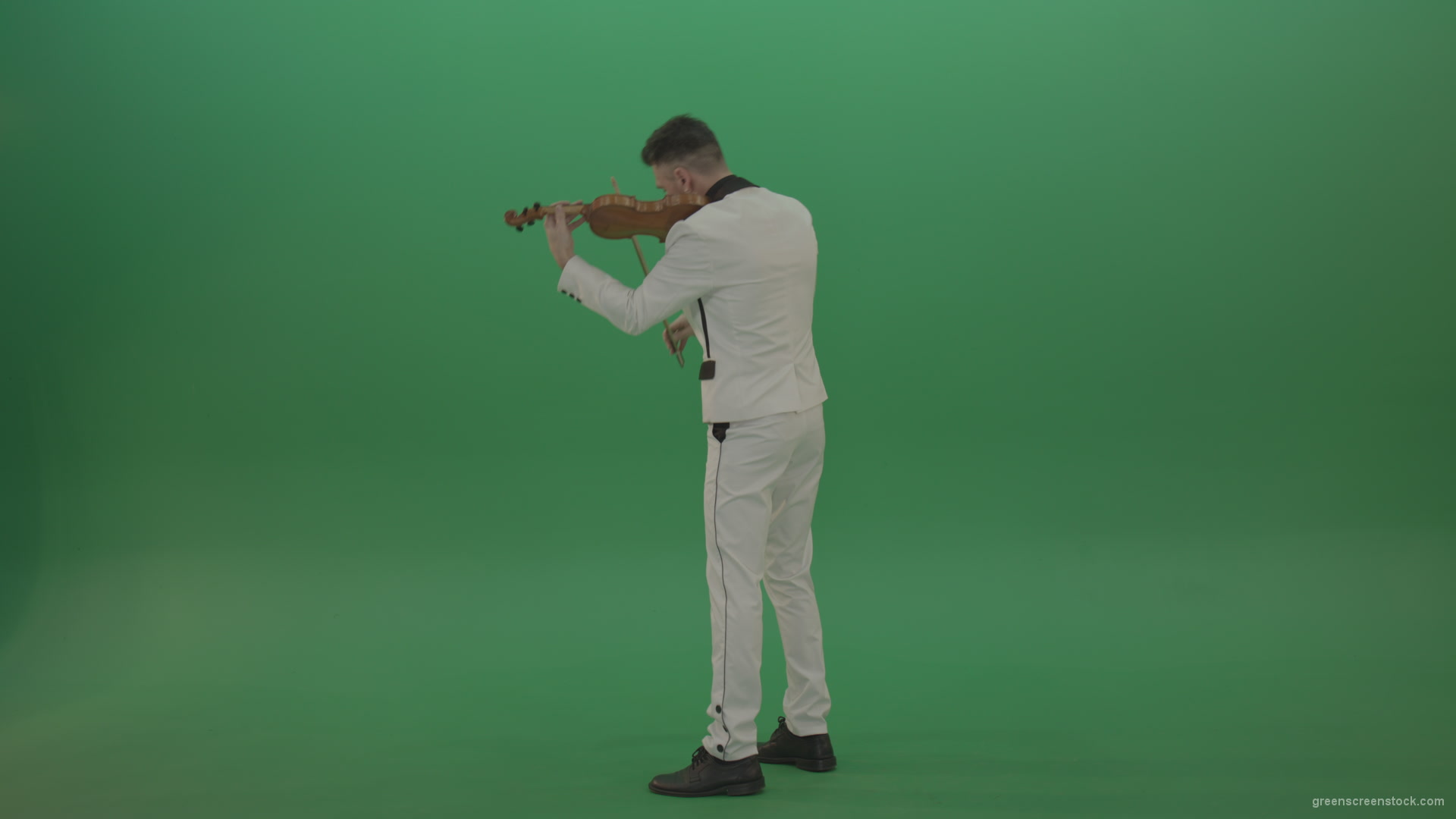 Full-size-Classic-orchestra-man-in-white-wear-play-violin-strings-music-instrument-isolated-on-green-screen-back-side-view_009 Green Screen Stock