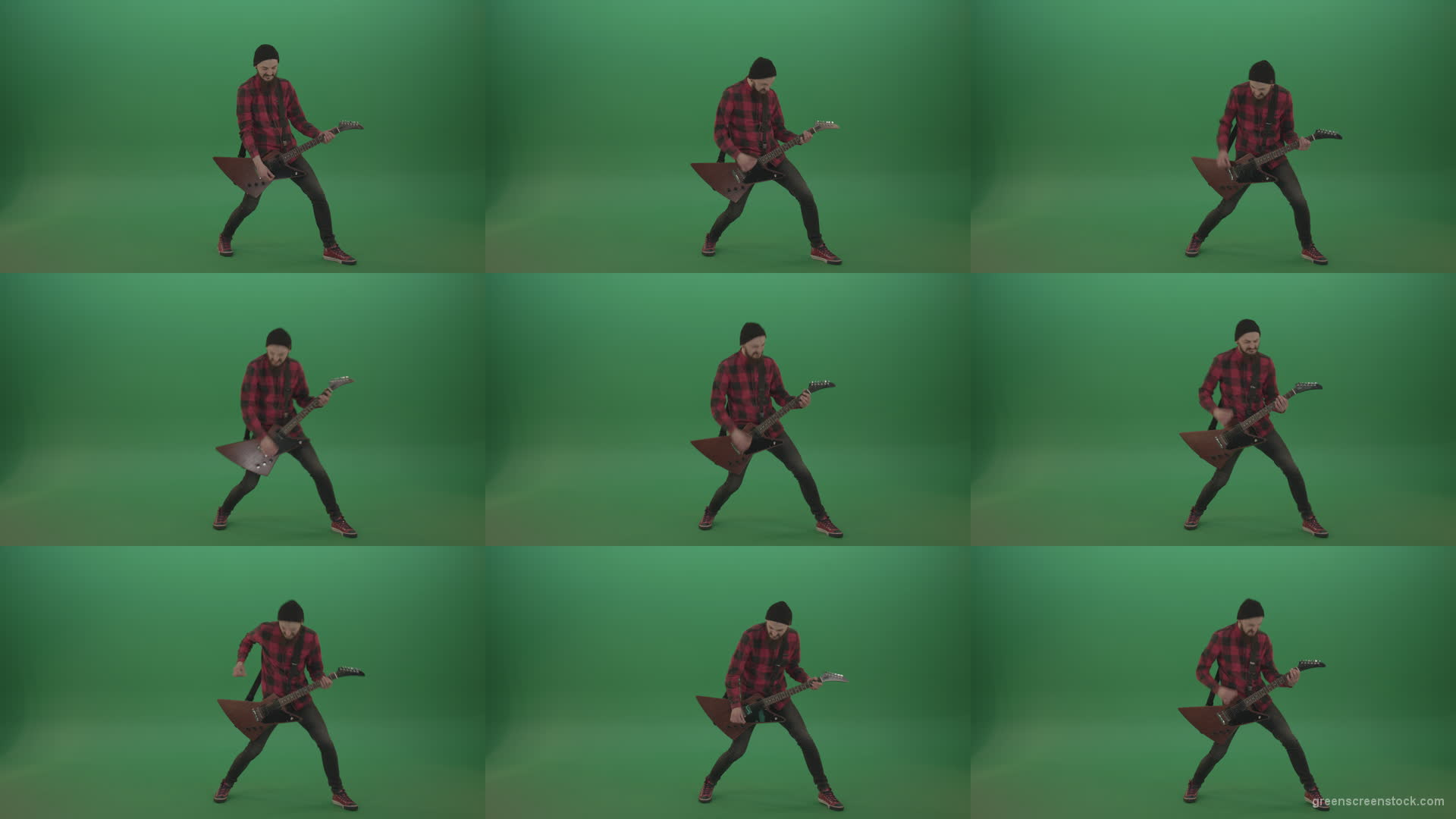 Full-size-Green-Screen-Musician-Rock-Guitarist-man-in-red-shirt-play-guitar-on-green-screen Green Screen Stock
