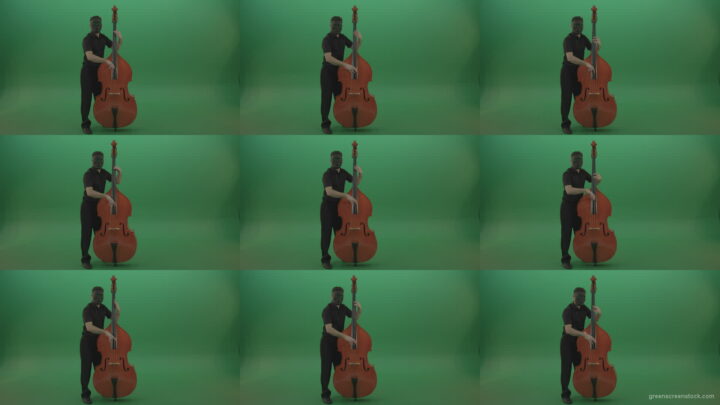 Full-size-man-in-black-gead-mask-with-chromakey-eyes-play-jazz-on-double-bass-String-music-instrument-isolated-on-green-screen Green Screen Stock