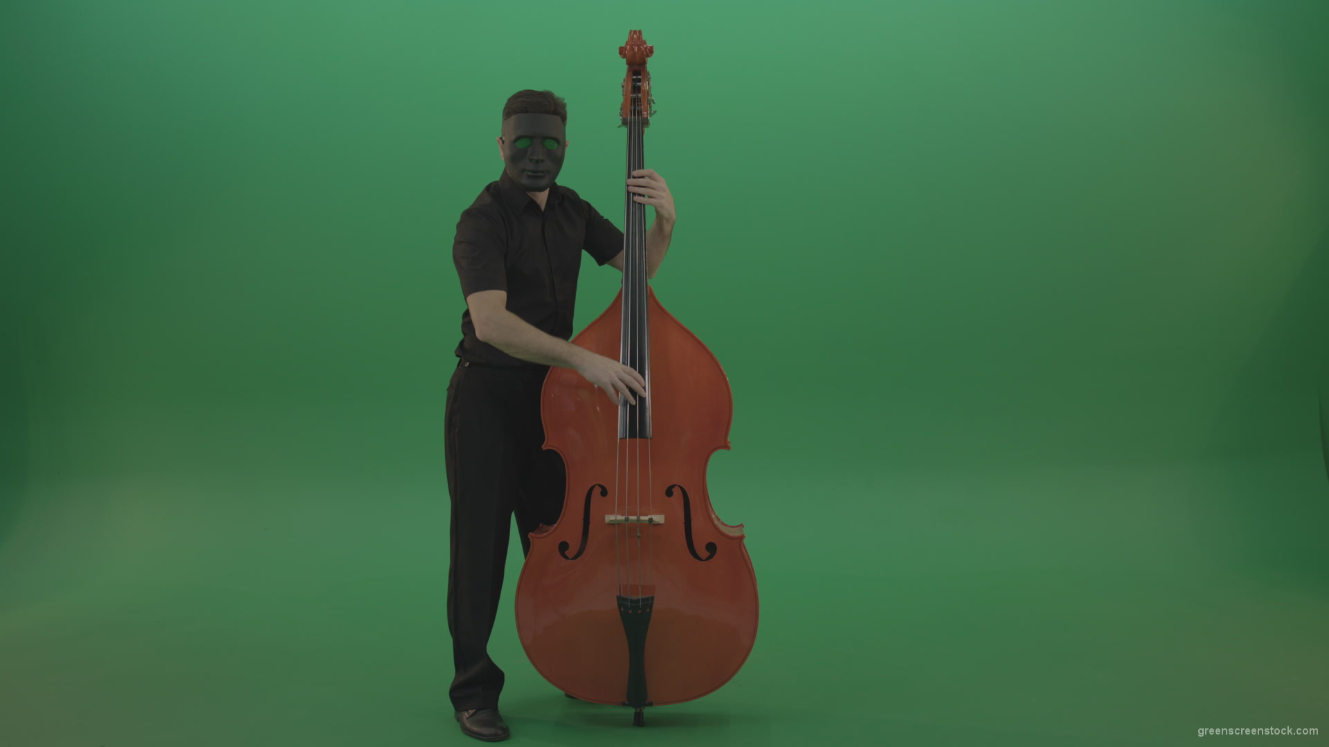 Full-size-man-in-black-gead-mask-with-chromakey-eyes-play-jazz-on-double-bass-String-music-instrument-isolated-on-green-screen_002 Green Screen Stock