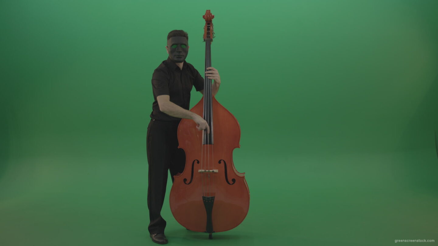 vj video background Full-size-man-in-black-gead-mask-with-chromakey-eyes-play-jazz-on-double-bass-String-music-instrument-isolated-on-green-screen_003