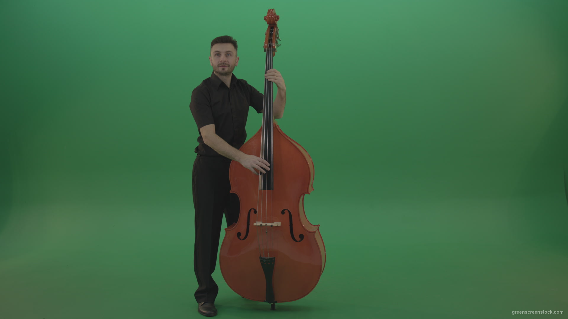 Full-size-man-in-black-uniform-play-jazz-rock-on-double-bass-String-music-instrument-isolated-on-green-screen_001 Green Screen Stock