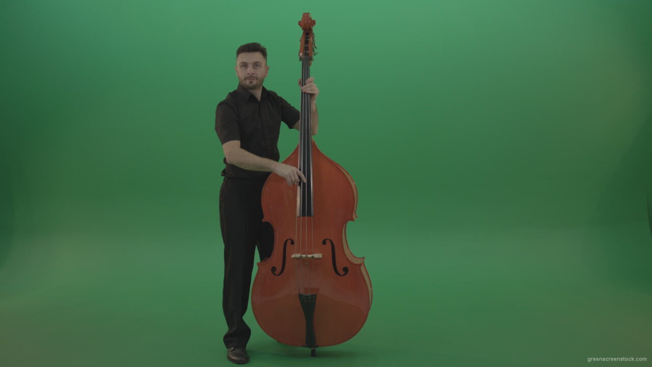 vj video background Full-size-man-in-black-uniform-play-jazz-rock-on-double-bass-String-music-instrument-isolated-on-green-screen_003