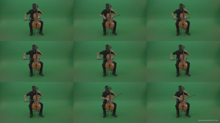 Full-size-man-in-black-wear-and-mask-play-violoncello-cello-strings-music-instrument-isolated-on-green-screen Green Screen Stock