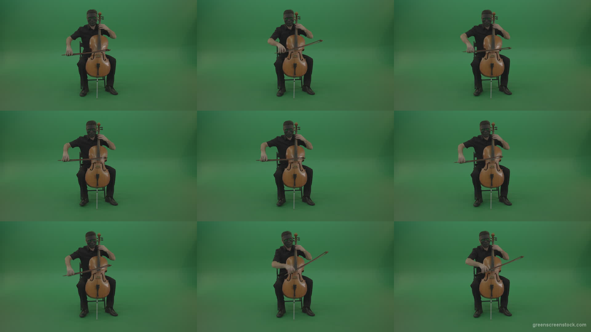 Full-size-man-in-black-wear-and-mask-play-violoncello-cello-strings-music-instrument-isolated-on-green-screen Green Screen Stock