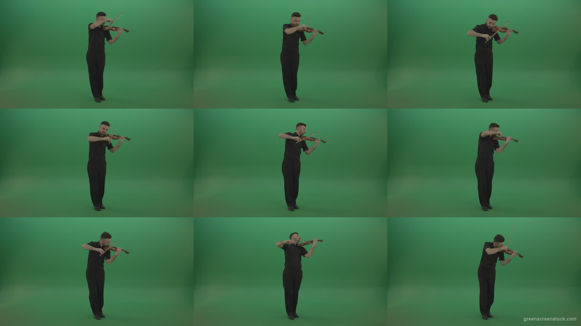 Full-size-view-virtuoso-Man-in-black-costume-play-violin-fiddle-strings-music-instument-on-green-screen Green Screen Stock