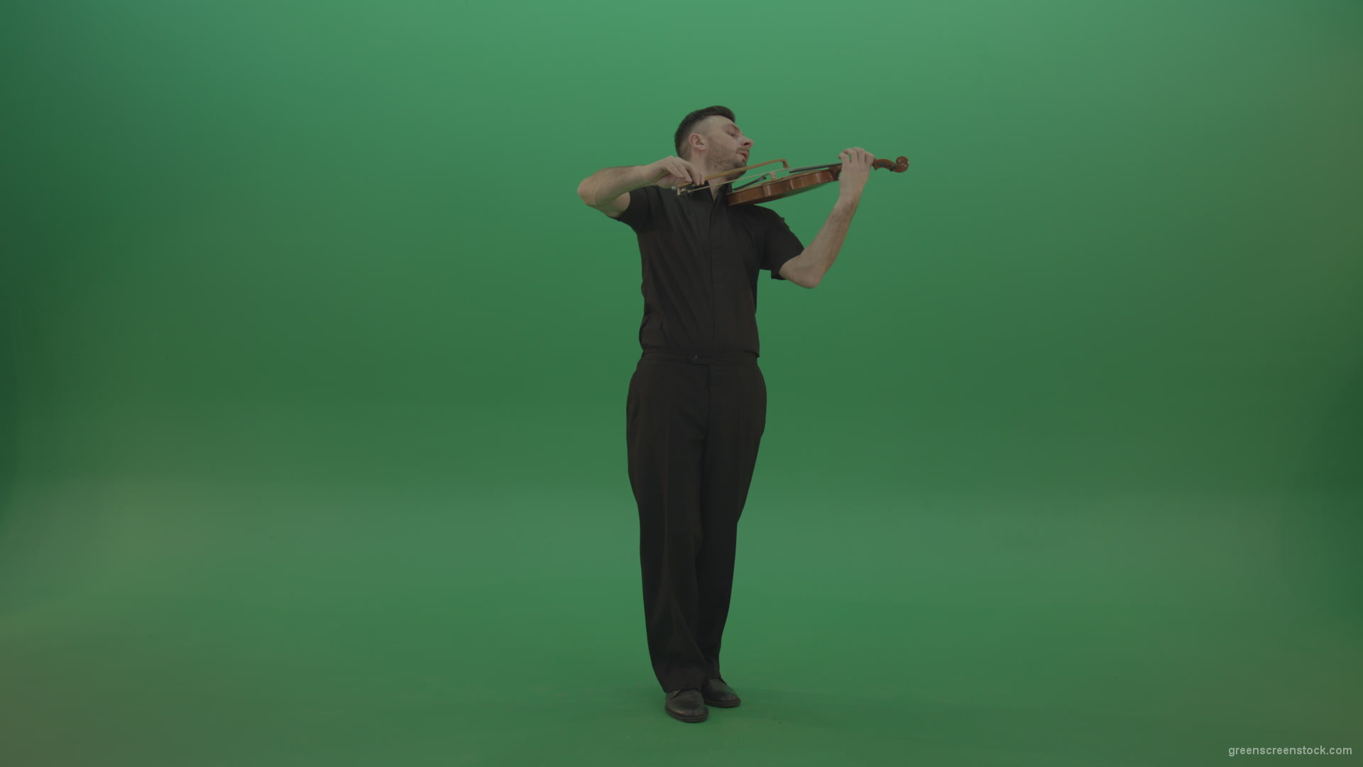 Full-size-view-virtuoso-Man-in-black-costume-play-violin-fiddle-strings-music-instument-on-green-screen_008 Green Screen Stock