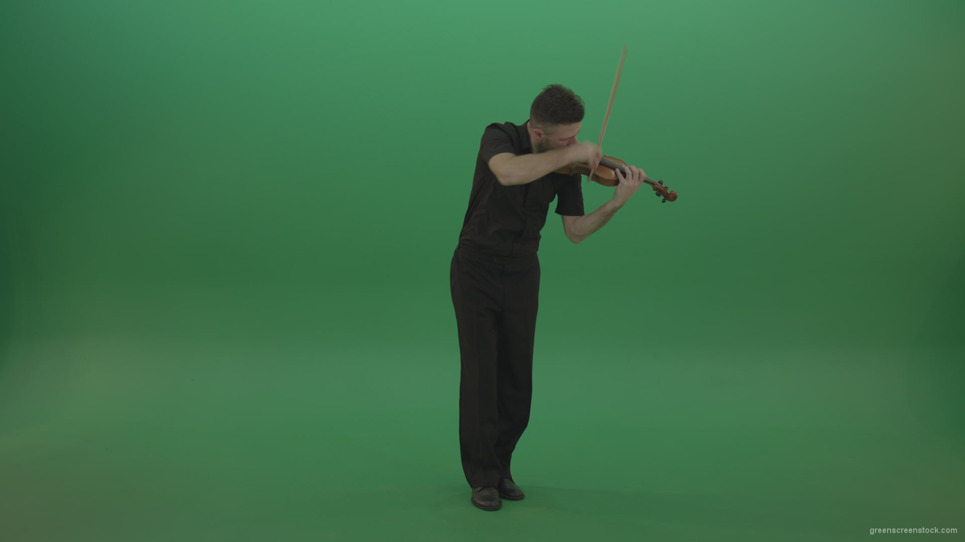 Full-size-view-virtuoso-Man-in-black-costume-play-violin-fiddle-strings-music-instument-on-green-screen_009 Green Screen Stock