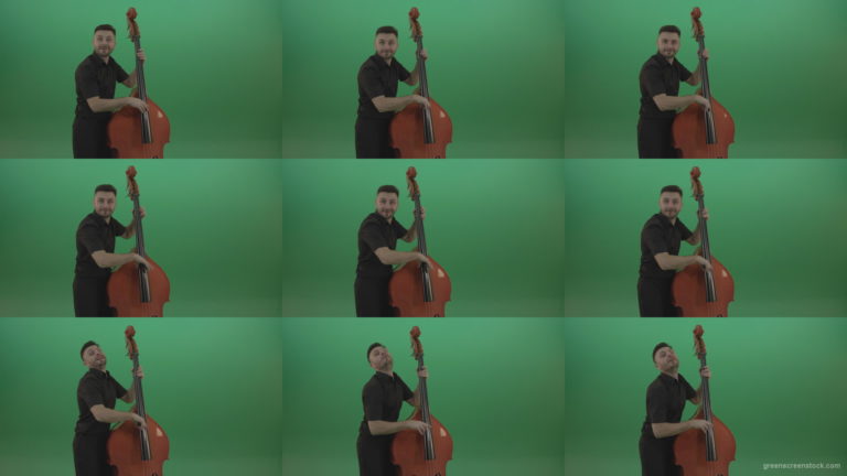 Funny-happy-man-with-smile-playing-jazz-on-double-bass-String-music-instrument-isolated-on-green-screen Green Screen Stock