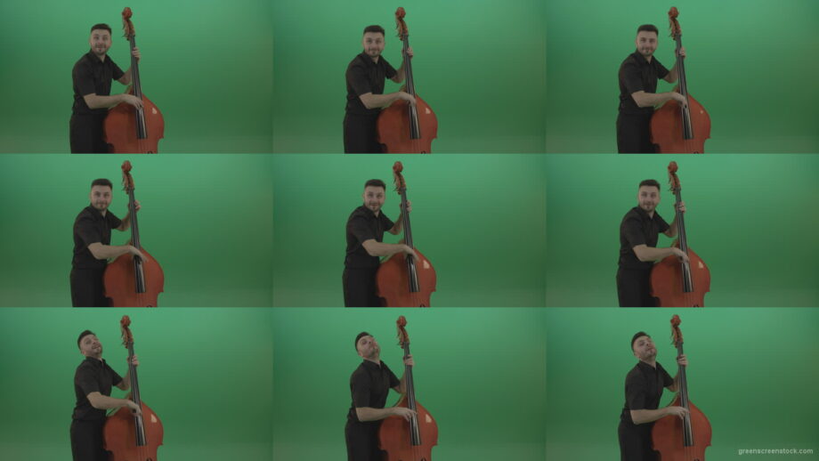 Funny-happy-man-with-smile-playing-jazz-on-double-bass-String-music-instrument-isolated-on-green-screen Green Screen Stock