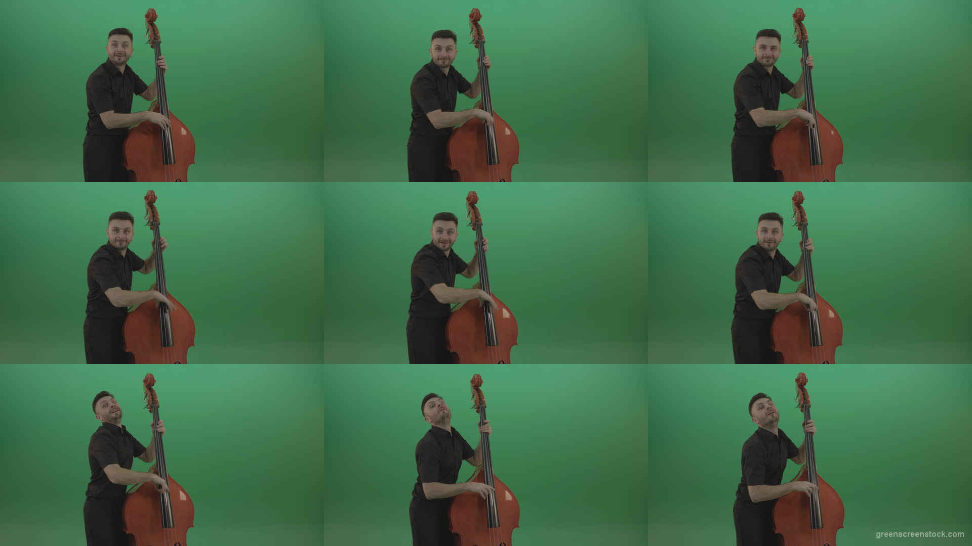 Funny-happy-man-with-smile-playing-jazz-on-double-bass-String-music-instrument-isolated-on-green-screen Green Screen Stock