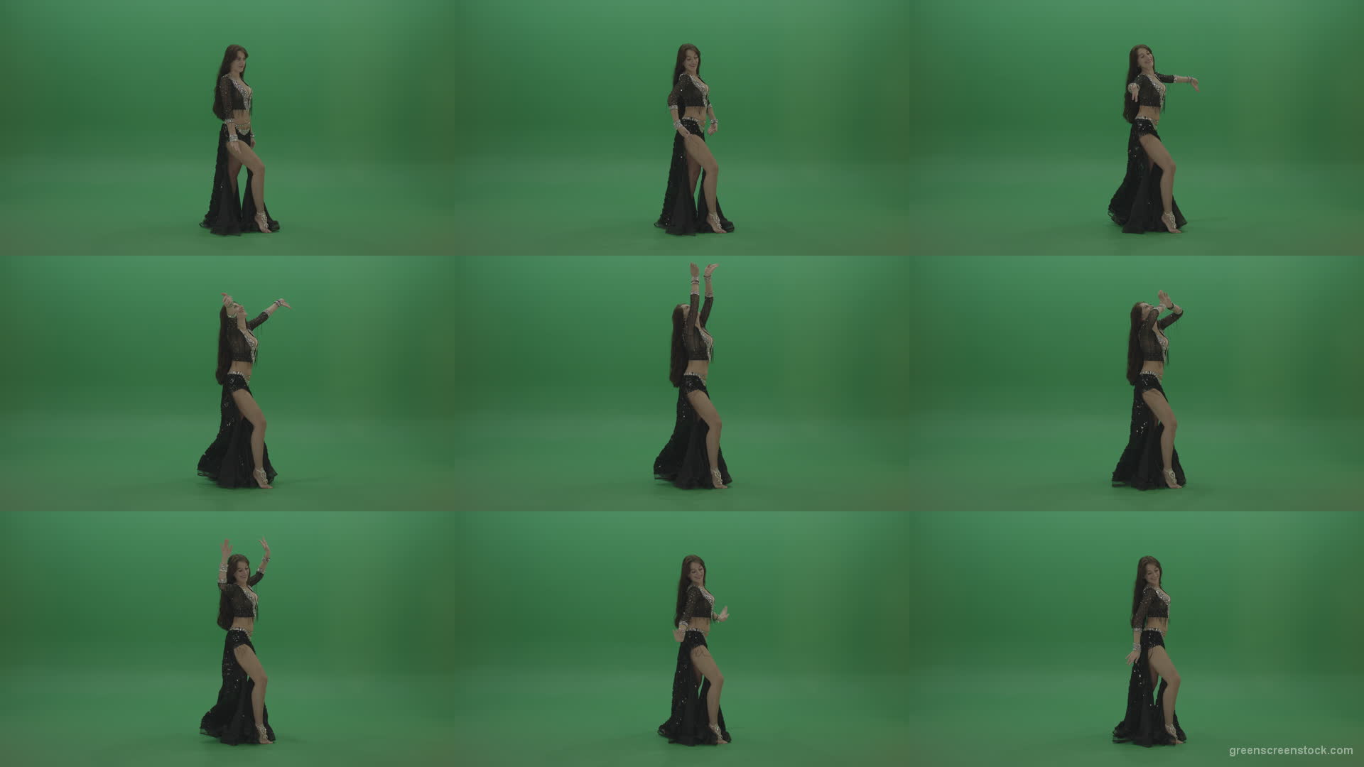Gorgeous-belly-dancer-in-black-wear-display-amazing-dance-moves-over-chromakey-background Green Screen Stock