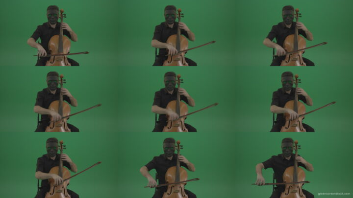 Gothic-Man-in-black-mask-playing-violoncello-cello-strings-music-instrument-isolated-on-green-screen Green Screen Stock