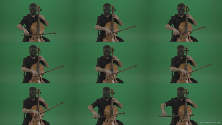 Gothic-Man-in-black-mask-playing-violoncello-cello-strings-music-instrument-isolated-on-green-screen Green Screen Stock