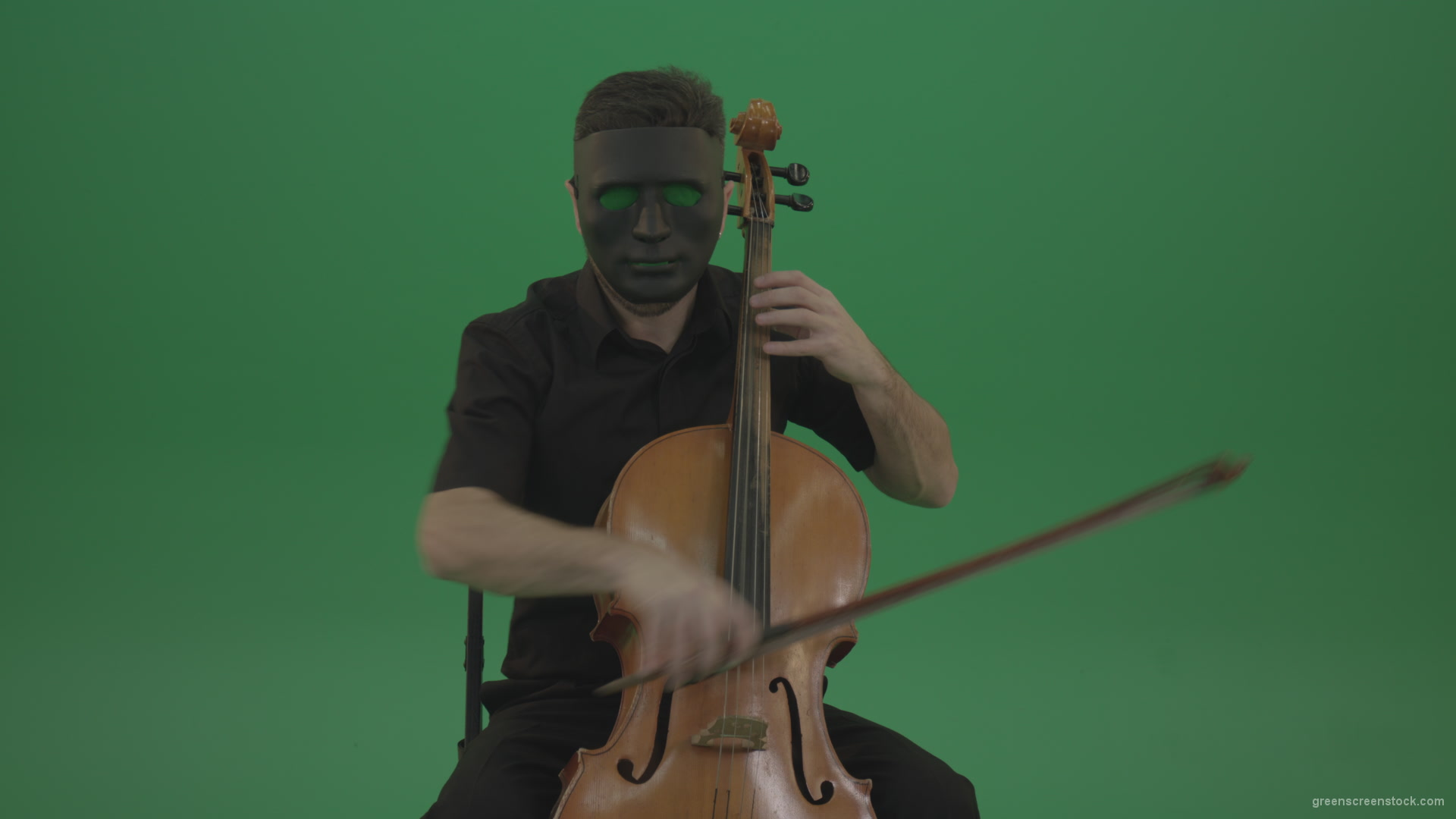 Gothic-Man-in-black-mask-playing-violoncello-cello-strings-music-instrument-isolated-on-green-screen_005 Green Screen Stock