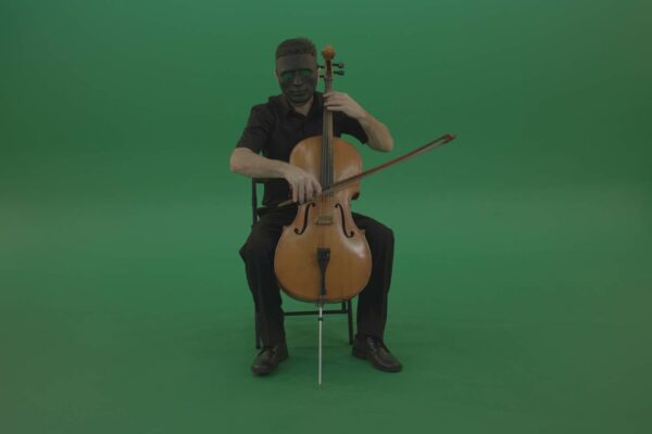 cello vello music player in black costume on green screen