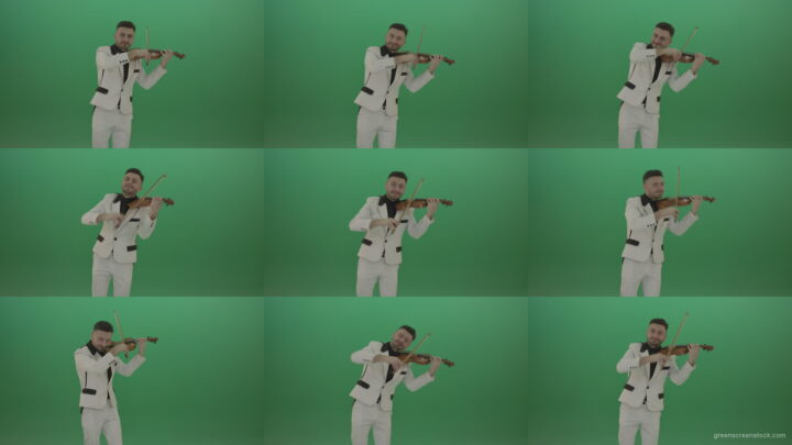 Happy-man-in-white-costume-dramatic-playing-violin-music-instrument-isolated-on-green-screen Green Screen Stock